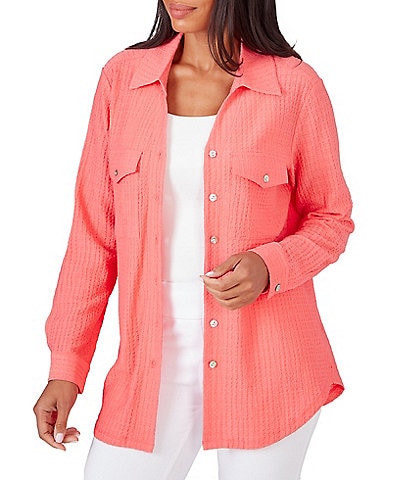 Ruby Rd. Crinkle Pucker Point Collar Long Sleeve Button-Front Shirt Jacket