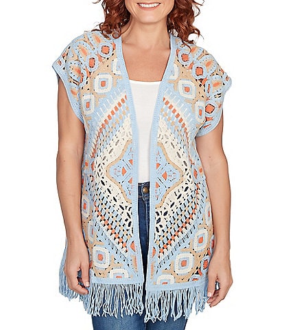 Ruby Rd. Crochet Geometric Cap Sleeve Open-Front Cardigan