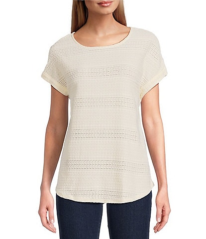 Ruby Rd. Crochet Knit Boat Neck Short Button Tab Sleeve Top