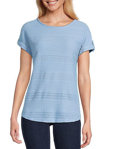 Ruby Rd. Crochet Knit Boat Neck Short Button Tab Sleeve Top