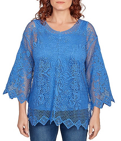 Ruby Rd. Crochet Medallion Floral Pattern Scoop Neck 3/4 Wide Flared Sleeve Top