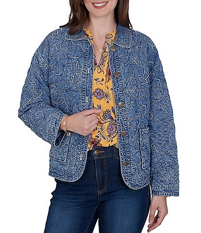 Ruby Rd. Denim Floral Stritch Point Collar Long Sleeve Button Front Jacket