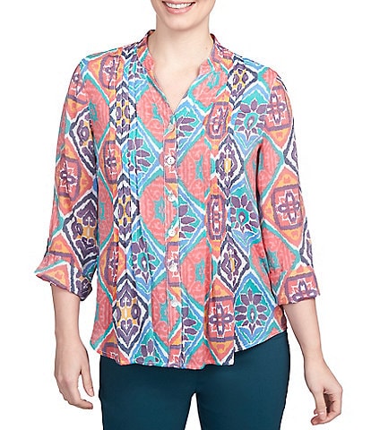 Ruby Rd. Diamond Mosaic Print Y-Neck 3/4 Roll-Tab Sleeve Button Front Top