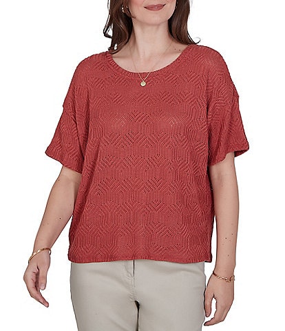 Diamond Textured Knit Scoop Neck Elbow Length Sleeve Top