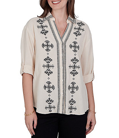 Ruby Rd. Double Cotton Gauze Embroidered Point Collar 3/4 Roll-Tab Sleeve Button-Front Shirt