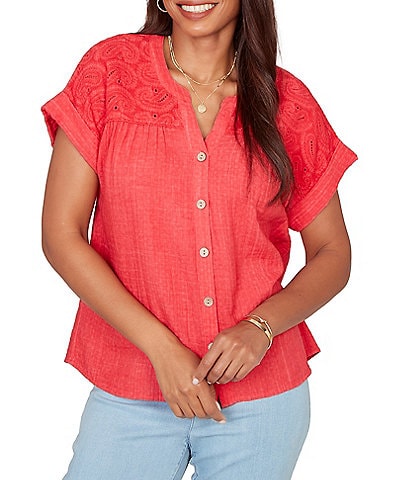 Ruby Rd. Double Gauze Woven Paisley Embroidered Button-Front Blouse