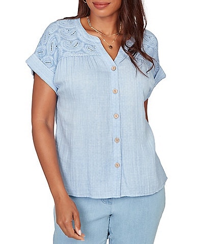 Ruby Rd. Double Gauze Woven Paisley Embroidered Button-Front Blouse