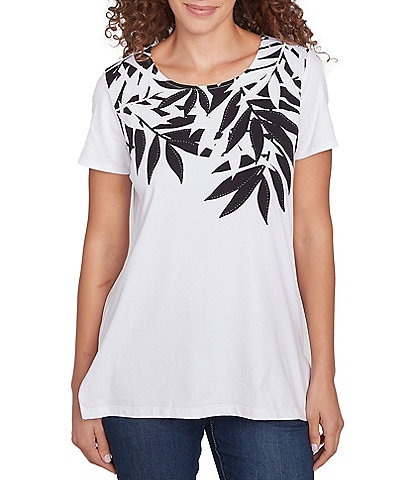 Ruby Rd. Embellished Abstract Palm Print Crew Neck Short Sleeve T-Shirt