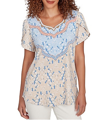 Ruby Rd. Embroidered Beaded Printed Sweetheart Neck Short Tulip Sleeve Top