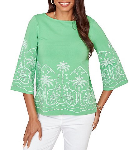 Embroidered Boat Neck 3/4 Sleeve Top