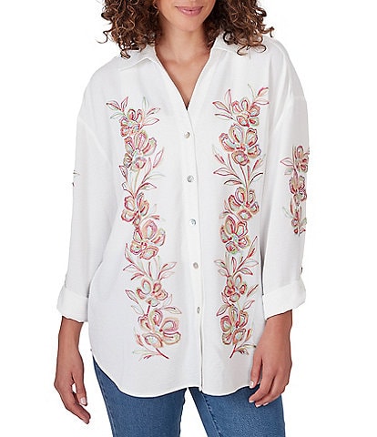 Ruby Rd. Embroidered Floral Crepe Point Collar Long Roll-Tab Sleeve Button-Front Shirt