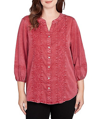 Ruby Rd. Embroidered Floral Twill Banded Collar 3/4 Sleeve Button Front Shirt