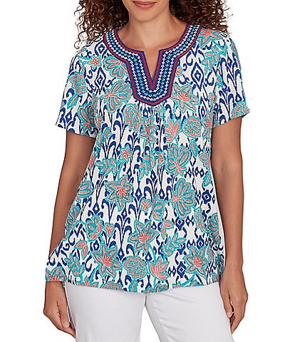 Ruby Rd. Embroidered Knit Printed Split V-Neck Short Sleeve Top