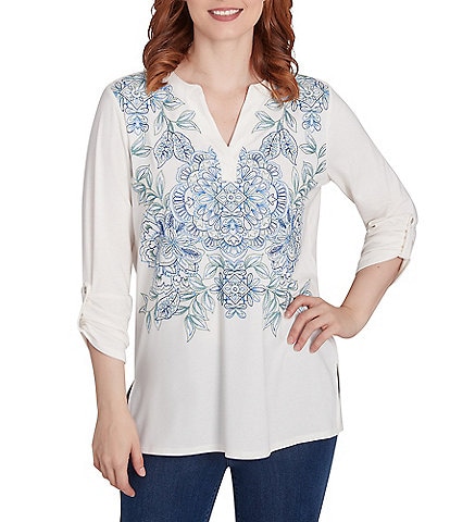 Ruby Rd. Embroidered Knit Split V-Neck 3/4 Roll-Tab Sleeve Top