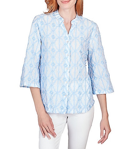 Ruby Rd. Embroidered Mandarin Collar 3/4 Sleeve Button-Front Cotton Shirt