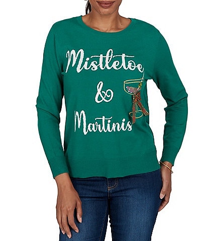 Ruby Rd. Embroidered Mistletoe & Martinis Crew Neck Long Sleeve Sweater