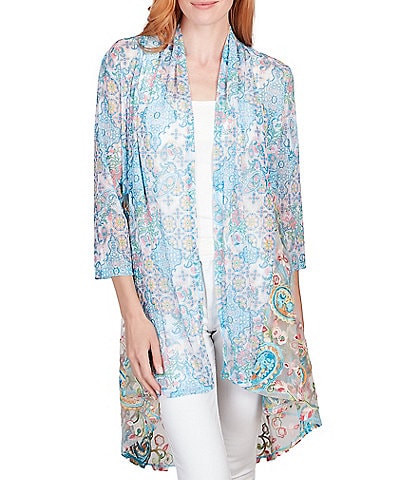 Ruby Rd. Embroidered Paisley Print Combo Shawl Collar 3/4 Sleeve Open-Front Cardigan