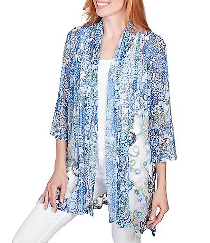 Ruby Rd. Embroidered Paisley Print Combo Shawl Collar 3/4 Sleeve Open-Front Cardigan