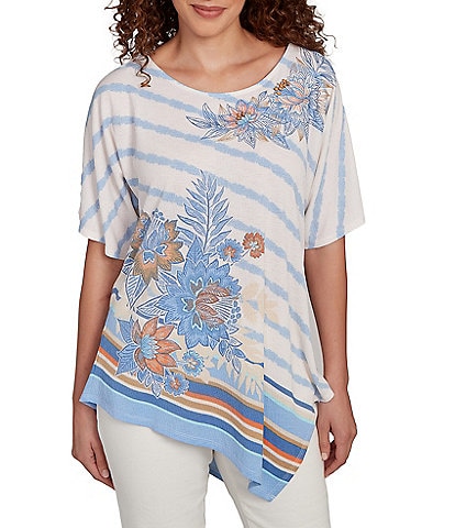 Ruby Rd. Embroidered Stripe Scoop Neck Short Sleeve Asymmetric Hem Knit Top