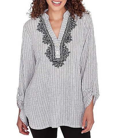 Ruby Rd. Embroidered Stripe V-Neck Long Roll-Tab Sleeve Puckered Knit Blouse