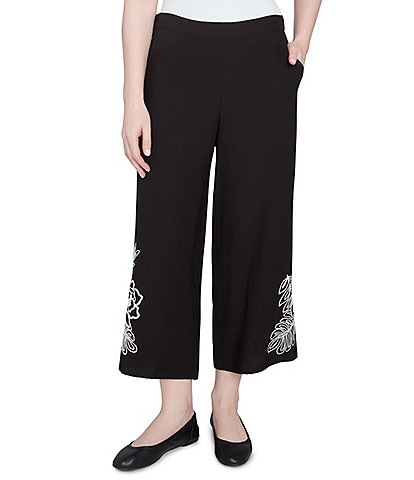 Ruby Rd. Embroidered Tropical Fern Wide Leg Pull-On Cropped Pants