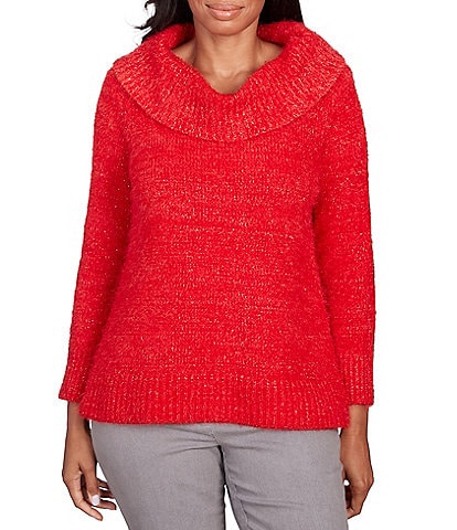 Ruby Rd. Eyelash Knit Metallic Detail Ribbed Marilyn Collar Long Sleeve Pullover Sweater