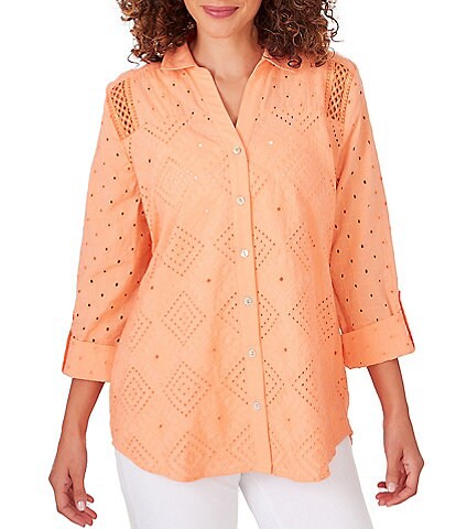 Ruby Rd. Eyelet Diamond Woven Point Collar 3/4 Roll-Tab Sleeve Button-Front Shirt