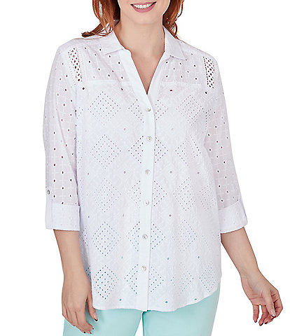 Ruby Rd. Eyelet Diamond Woven Point Collar 3/4 Roll-Tab Sleeve Button-Front Shirt