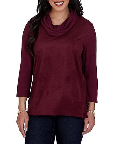 Ruby Rd. Faux Suede Hatchi Knit Cowl Neck 3/4 Sleeve Top