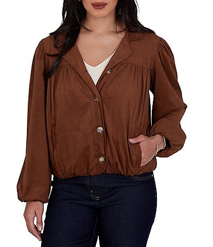 Ruby Rd. Faux Suede Notch Collar Long Sleeve Bubble Hem Button Front Jacket