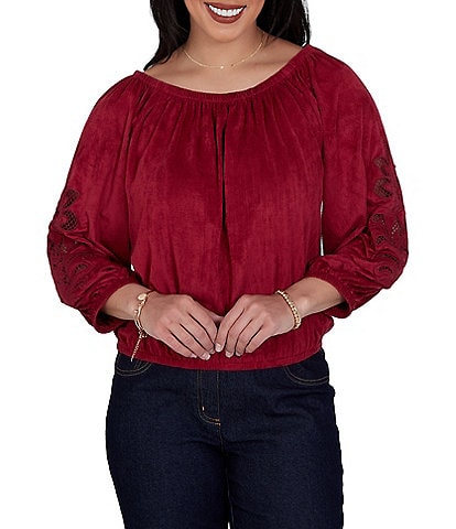 Ruby Rd. Faux Suede Scoop Neck 3/4 Blouson Floral Cutout Sleeve Top