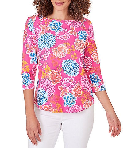 Ruby Rd. Floral Square Neck 3/4 Sleeve Rounded Hem Knit Top