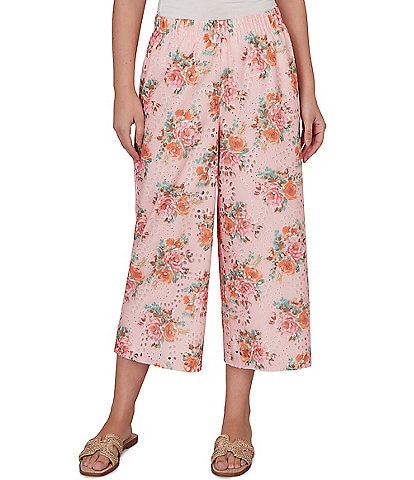 Ruby Rd. Floral Eyelet Wide Leg Pull-On Coordinating Capri Pants