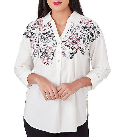 Ruby Rd. Floral Placement Print Point Collar Roll-Tab Sleeve Side Button Detail Shirt