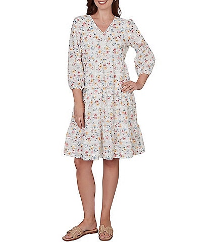 Ruby Rd. Floral V-Neck 3/4 Sleeve Shift Dress