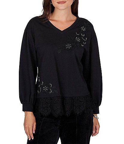 Ruby Rd. French Terry Beaded Lace Detail V-Neck Long Sleeve Top