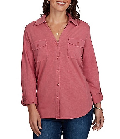 Ruby Rd. Garment Washed Point Collar 3/4 Roll-Tab Sleeve Button Front Shirt