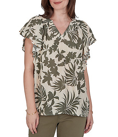 Ruby Rd. Gauze Stone Multi V-Neck Short Flutter Sleeve Top