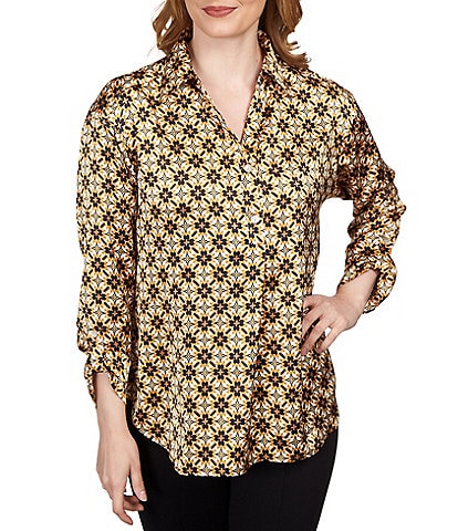 Ruby Rd. Geo Print Point Collar 3/4 Sleeve Half-Button Front Top