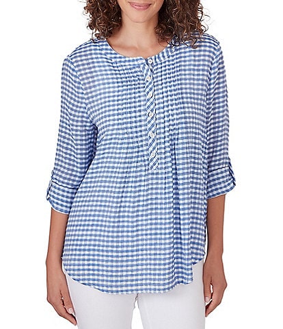 Ruby Rd. Gingham Print Woven Round Band Collar 3/4 Roll-Tab Sleeve Blouse