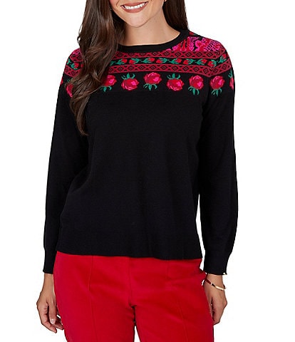 Ruby Rd. Heritage Knit Rose & Vine Boat Neck Long Sleeve Sweater