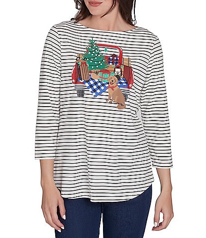 Ruby Rd. Holiday Stripe Knit Boat Neck 3/4 Sleeve Top