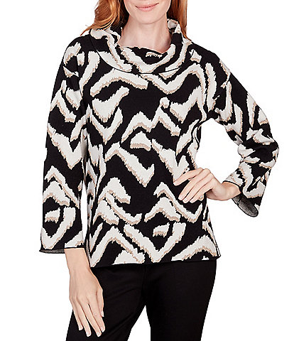 Ruby Rd. Ikat Cozy Jacquard Knit Cowl Neck 3/4 Sleeve Pullover