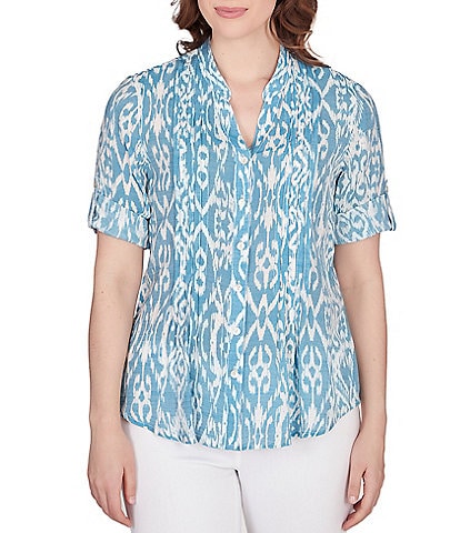 Ruby Rd. Ikat Print Lotus Woven Band Collar Split V-Neck Roll-Tab Sleeve Pleat Detail Button-Down Blouse
