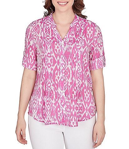 Ruby Rd. Ikat Print Lotus Woven Band Collar Split V-Neck Roll-Tab Sleeve Pleat Detail Button-Down Blouse