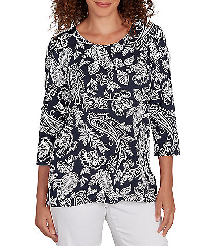 Ruby Rd. Jacobean Print Scoop Neck 3/4 Sleeve Top