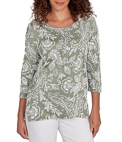 Ruby Rd. Jacobean Print Scoop Neck 3/4 Sleeve Top