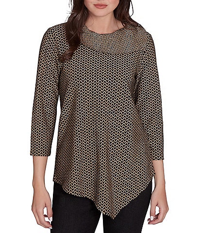 Ruby Rd. Herringbone Jacquard Knit Cowl Neck 3/4 Sleeve Asymmetric Hem Top