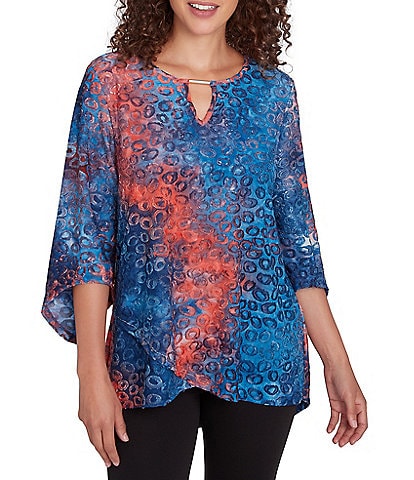 Ruby Rd. Jacquard Knit Tie-Dye Keyhole Bar Detail 3/4 Sleeve Top