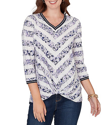 Ruby Rd. Jersey Knit 3/4 Sleeve Floral Stripe Contrast Tipping Twist Front Hem Top